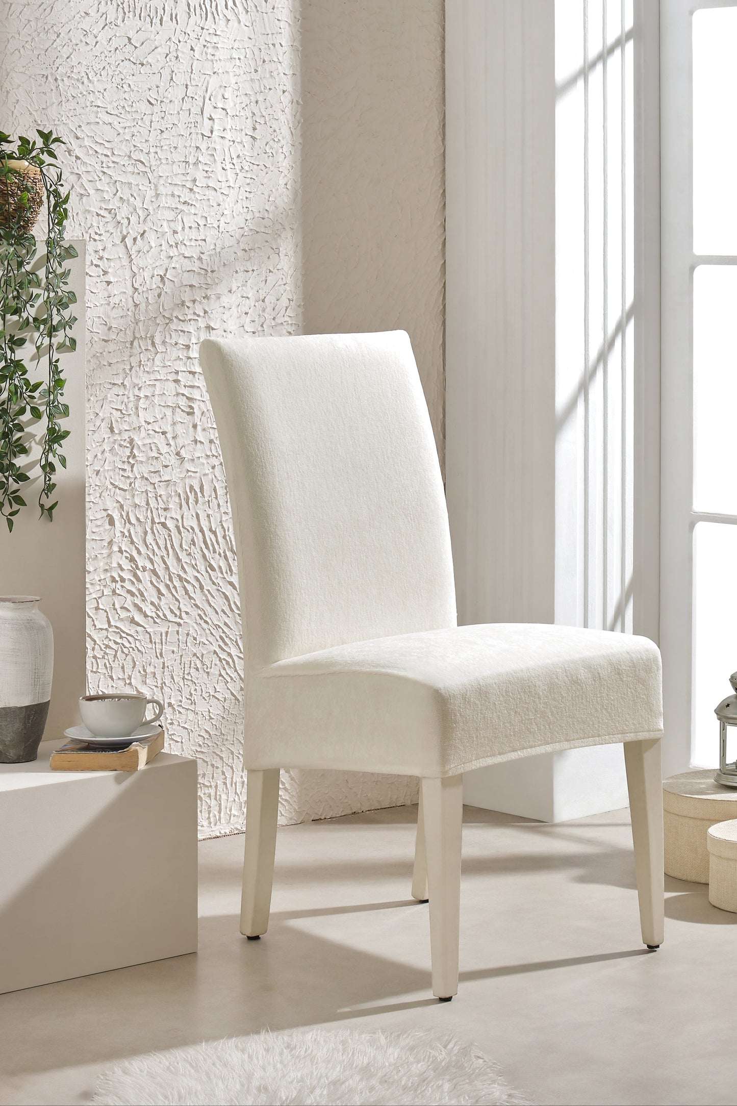 Ekru Ultra Soft Yumuşak Esnek Sandalye Kılıfı - Yüksek Sırtlı Sandalye Uyumlu