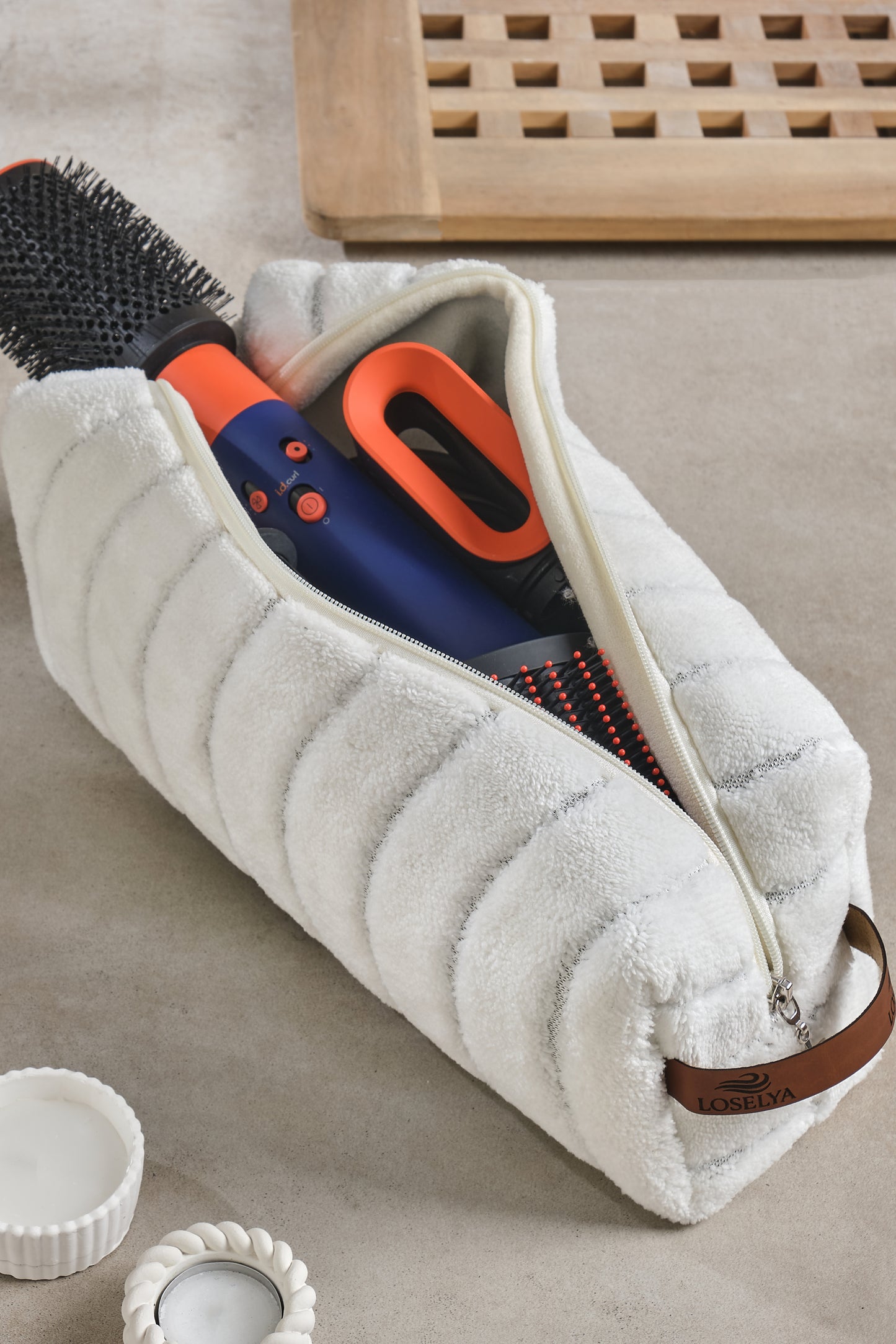 Ekru-Dalga Airwrap Uyumlu Tüm Parçalar Için Çanta Düzleştirici Saç Maşası Çantası Büyük Boy Makyaj Çantası