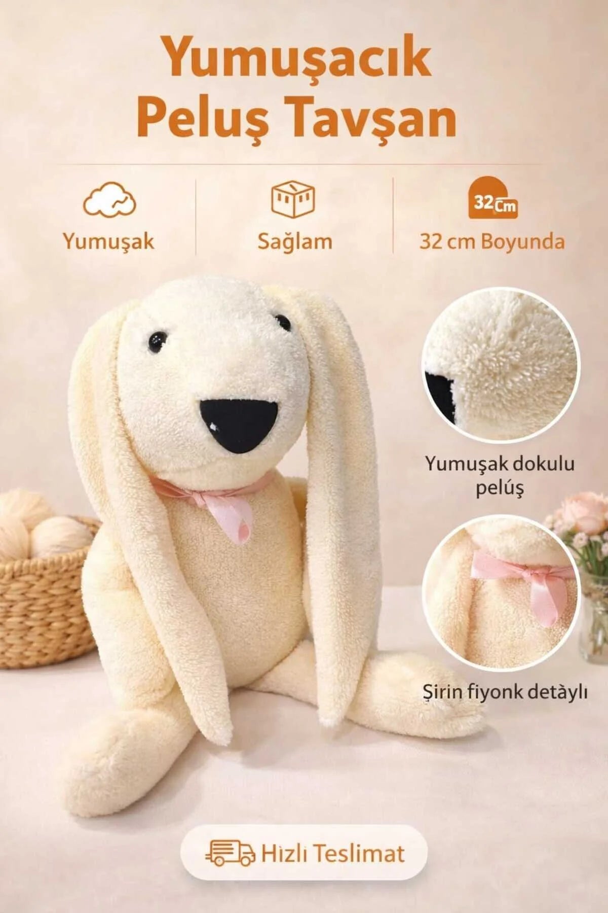 Hediyelik Peluş Tavşan 32 cm Çocuk Odası Dekoratif Peluş Oyuncak