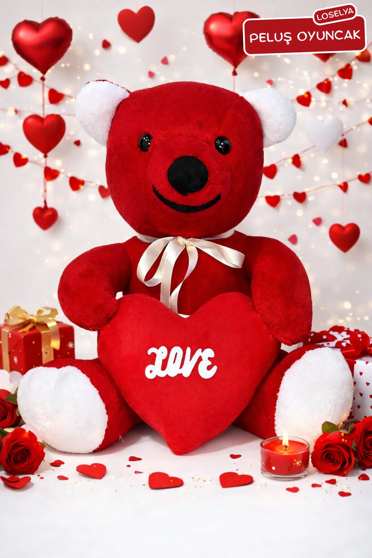 Sevgililer Günü Peluş Oyuncak Hediyelik Kırmızı Love Kalpli Peluş Ayıcık 50 cm