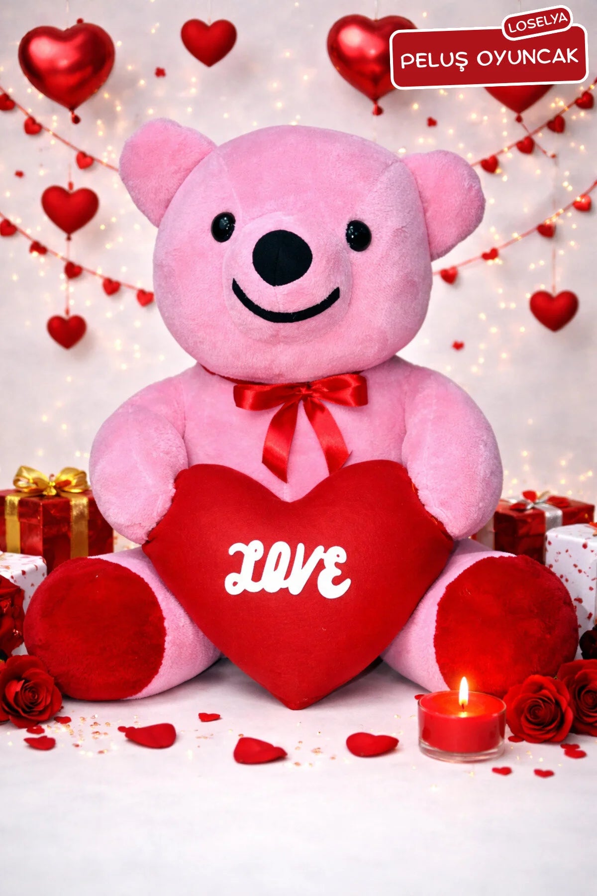 Sevgililer Günü Peluş Oyuncak Hediyelik Kırmızı Love Kalpli Peluş Ayıcık 50 cm