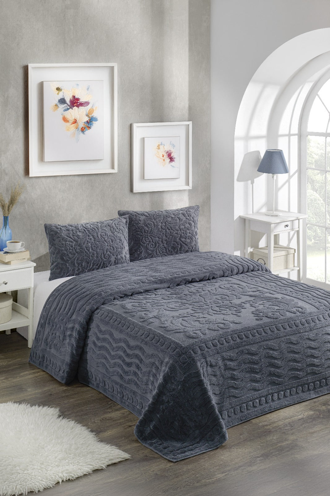 Antrasit Bohem Yatak Örtüsü 220 X 240 Çift Kişilik Peluş Yumuşak Welsoft 2 Adet Yastık Kılıfı Çeyiz