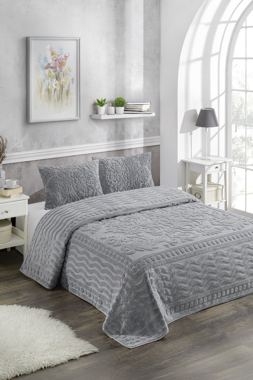 Gri Bohem Yatak Örtüsü 220 X 240 Çift Kişilik Peluş Yumuşak Welsoft 2 Adet Yastık Kılıfı Çeyiz