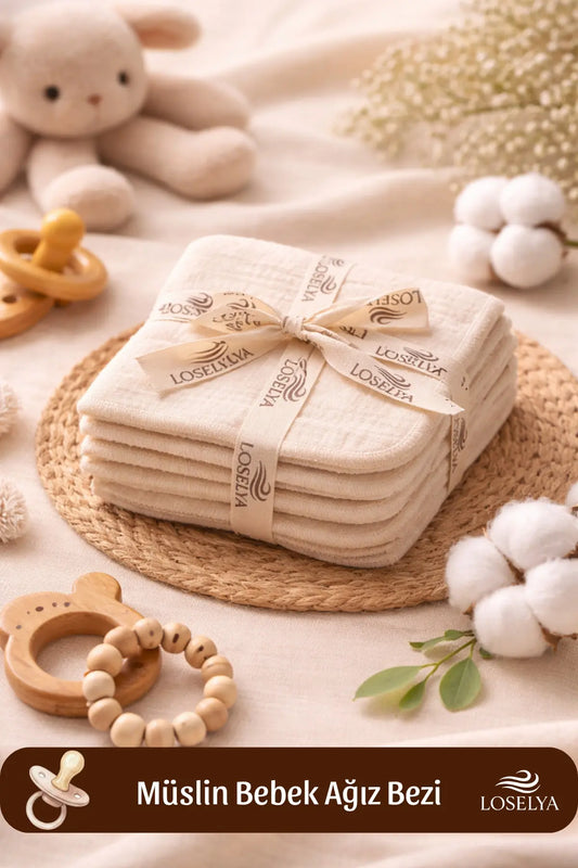 %100 Pamuk Yumuşacık Müslin Bebek Ağız Mendili Yüz Sırt Silme Bezi 8 Adet Ekru 24x24 cm