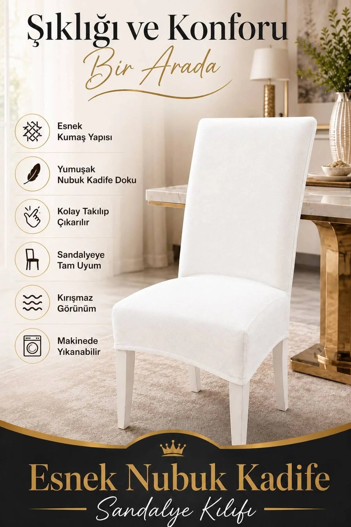 Ekru Nubuk Kadife Ultra Soft Yumuşak Esnek Sandalye Kılıfı - Yüksek Sırtlı Sandalye Uyumlu - Tam Koruma (Kopya)
