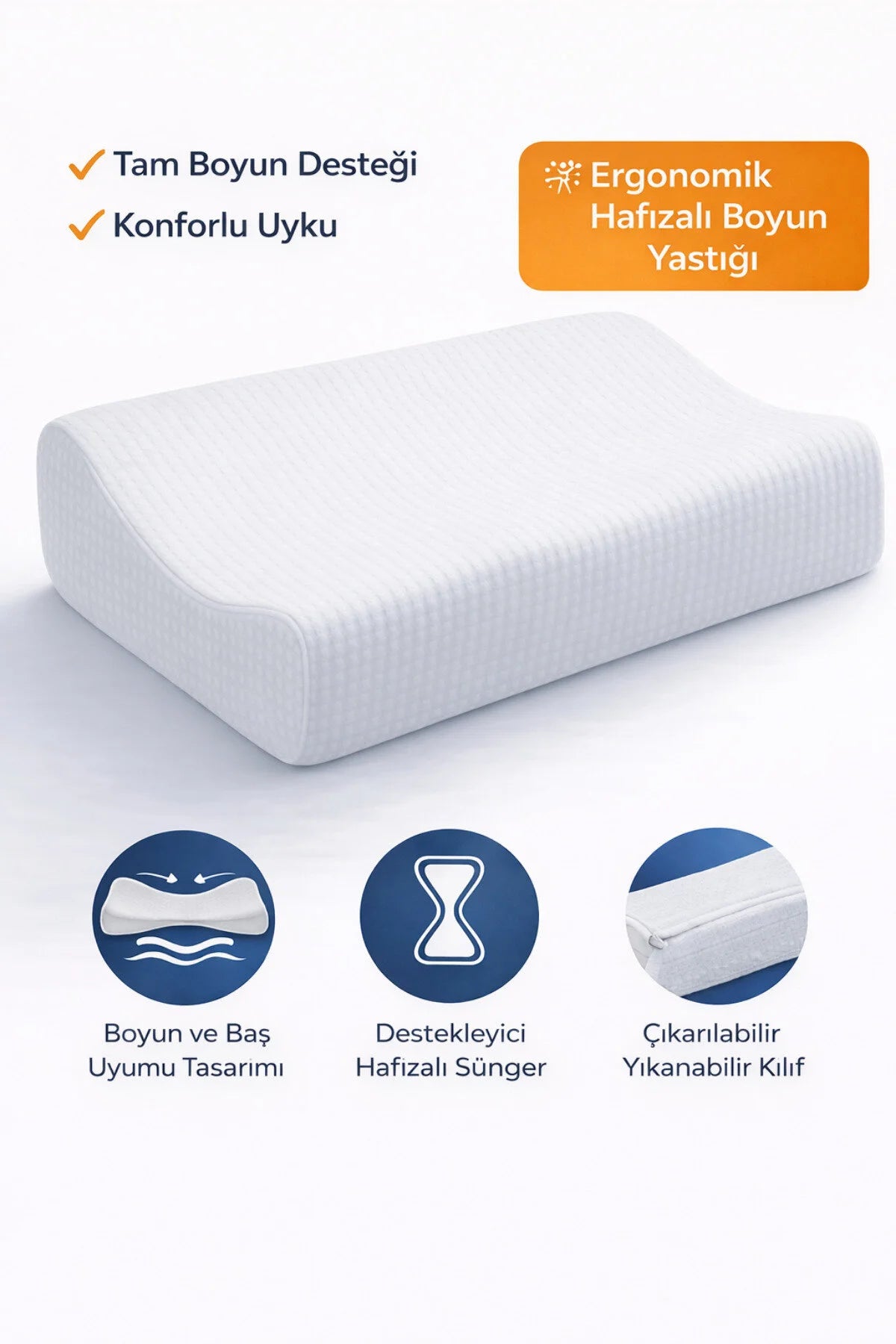 Çift Boyun Destekli Ergonomik %100 Bambu Visko Yastık 38x55cm Boyun Desteği Üst12cm Alt8cm 900 Gr.