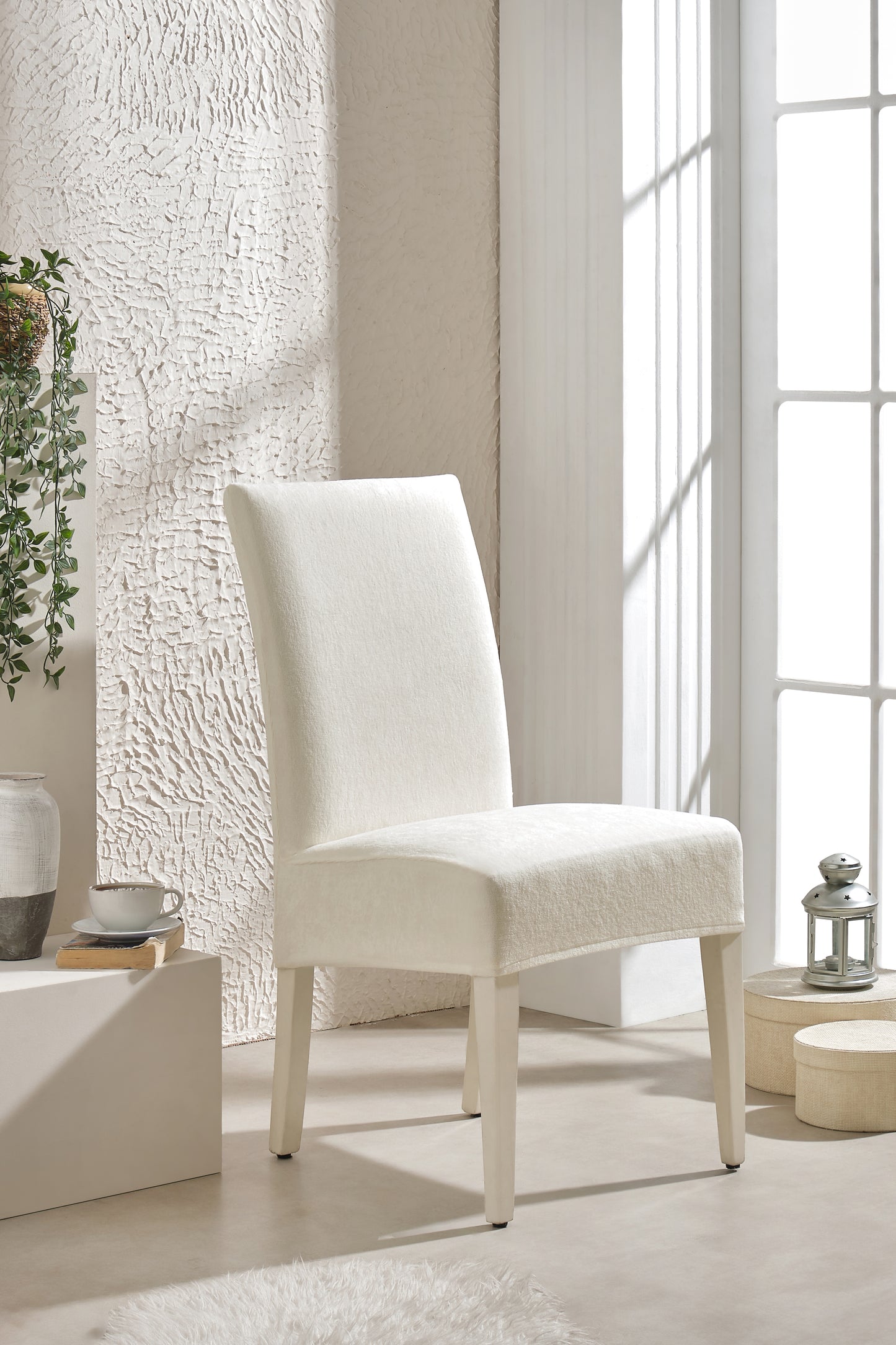 Ekru Ultra Soft Yumuşak Esnek Sandalye Kılıfı - Yüksek Sırtlı Sandalye Uyumlu