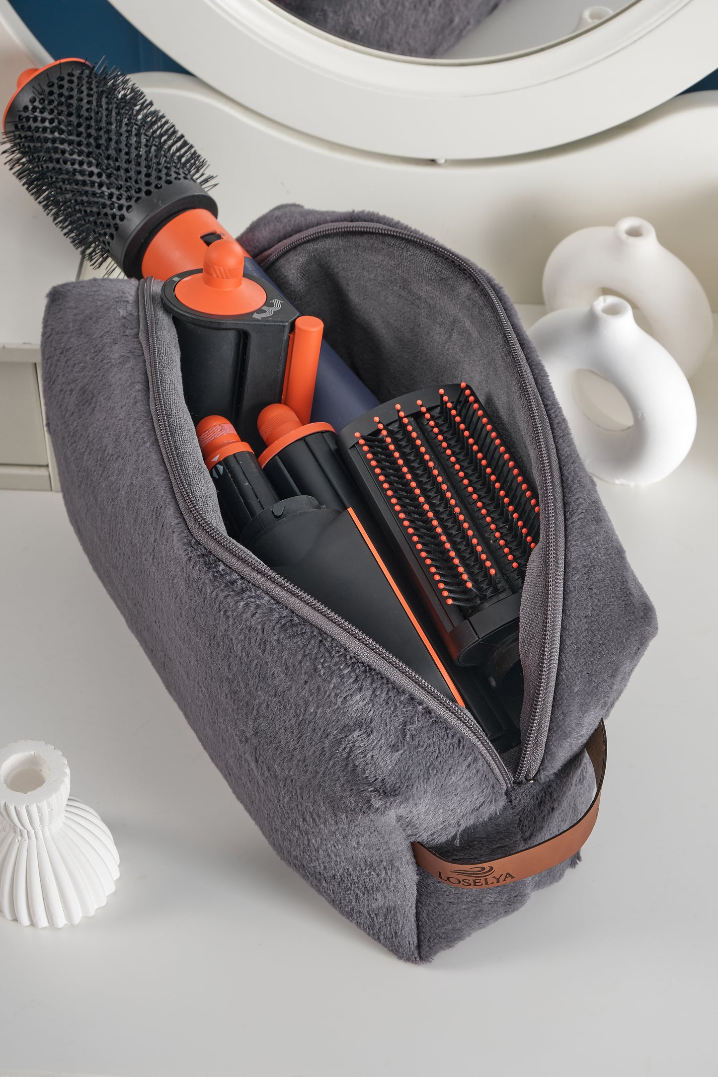 Antrasit Airwrap Uyumlu Tüm Parçalar Için Çanta Düzleştirici Saç Maşası Çantası Büyük Boy Makyaj Çantası