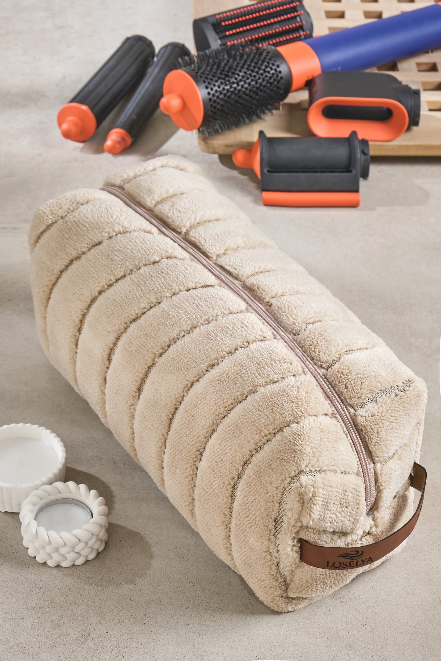 Bej-Dalga Airwrap Uyumlu Tüm Parçalar Için Çanta Düzleştirici Saç Maşası Çantası Büyük Boy Makyaj Çantası