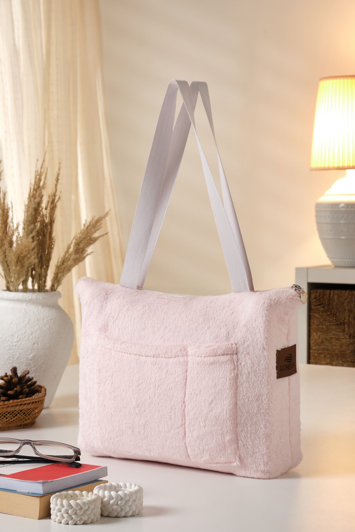Pembe Kadın Bölmeli Peluş Omuz Çantası - Teddy Ayıcık Kumaş Günlük Çanta