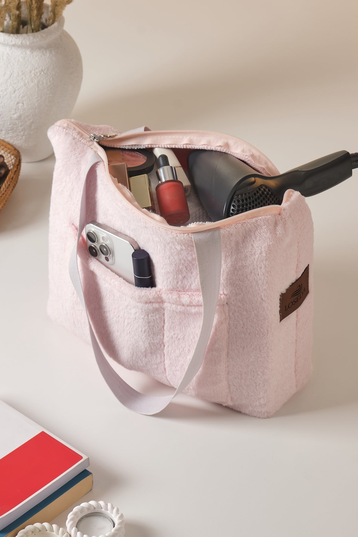Pembe Kadın Bölmeli Peluş Omuz Çantası - Teddy Ayıcık Kumaş Günlük Çanta