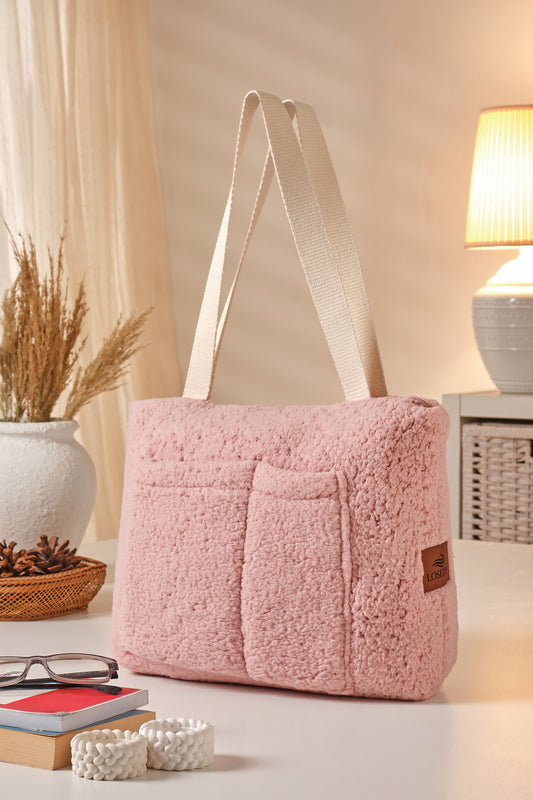 Pembe Kadın Bölmeli Peluş Omuz Çantası - Teddy Ayıcık Kumaş Günlük Çanta