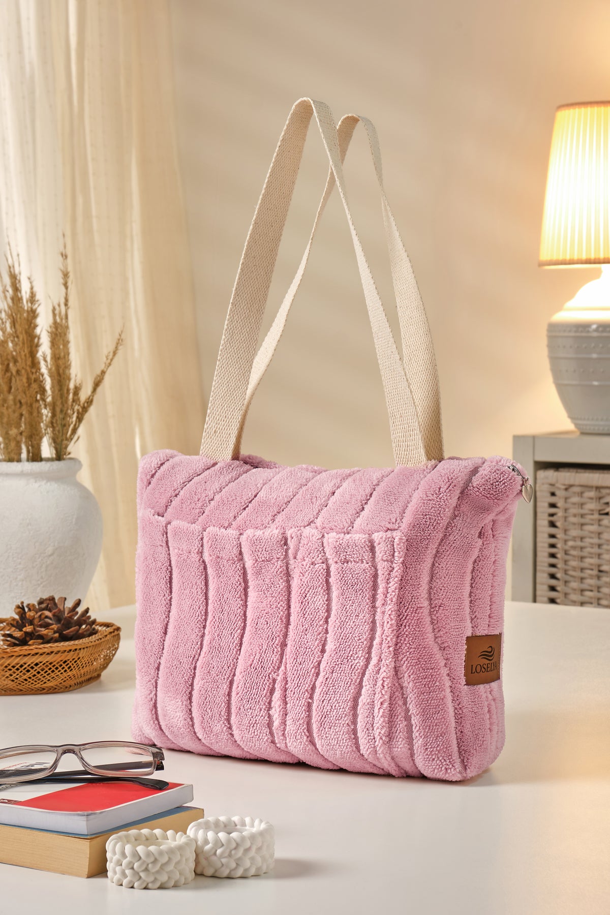 Pembe Kadın Bölmeli Peluş Omuz Çantası - Teddy Ayıcık Kumaş Günlük Çanta