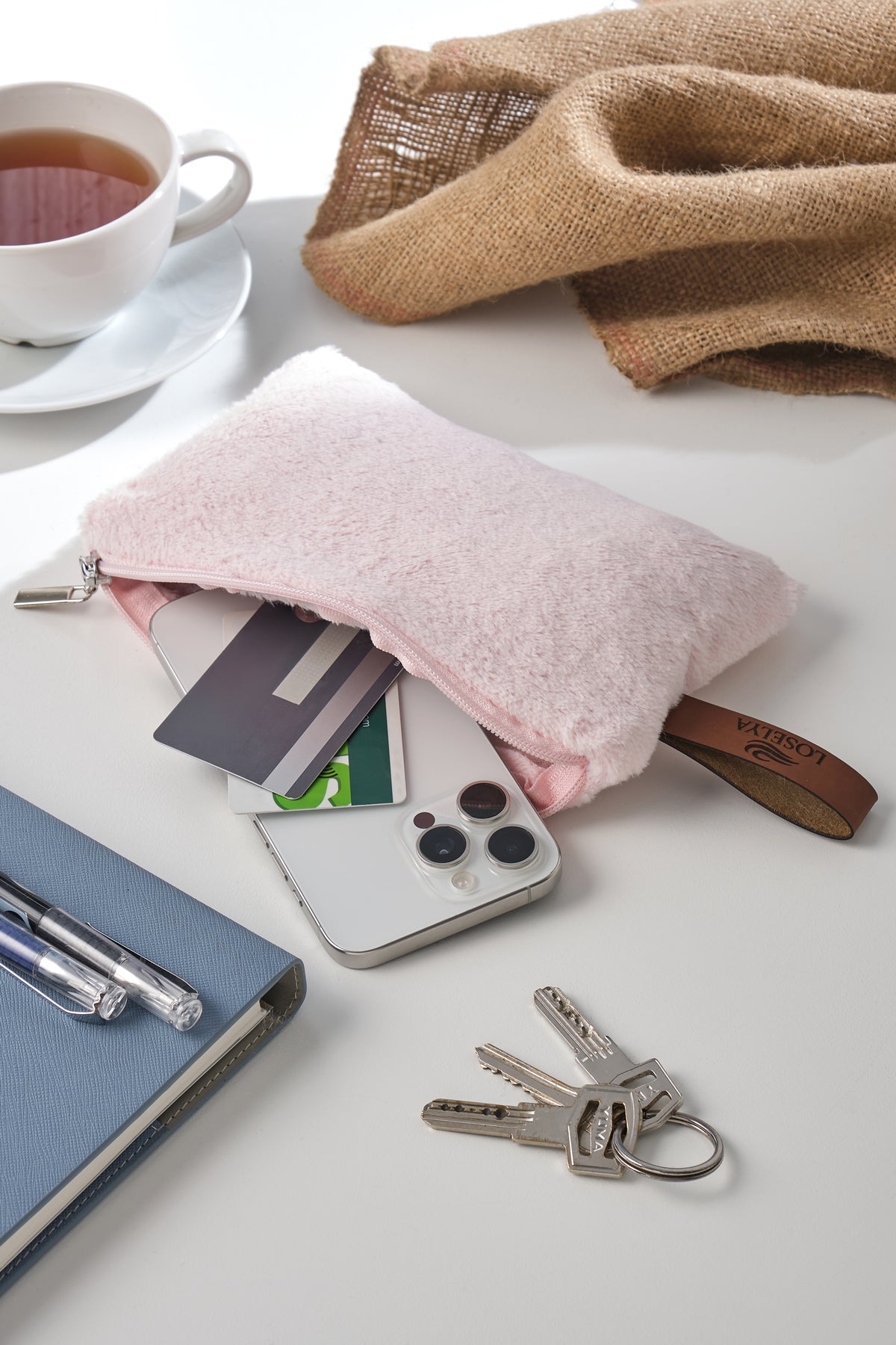 Pembe Soft Kumaş Deri Etiketli Lüks Cüzdan Telefon Kredi Kartı Anahtarlık Bozuk Paralık