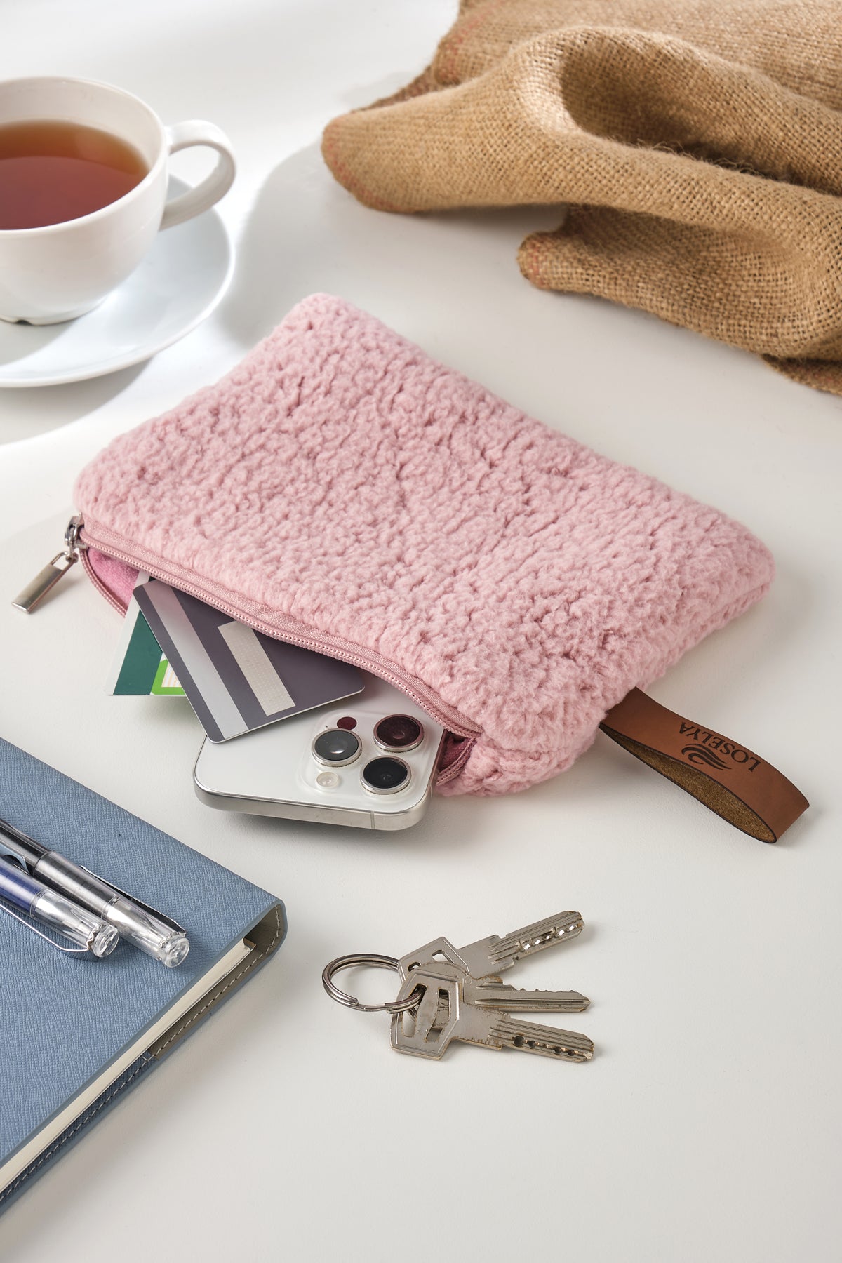 Pembe Soft Kumaş Deri Etiketli Lüks Cüzdan Telefon Kredi Kartı Anahtarlık Bozuk Paralık