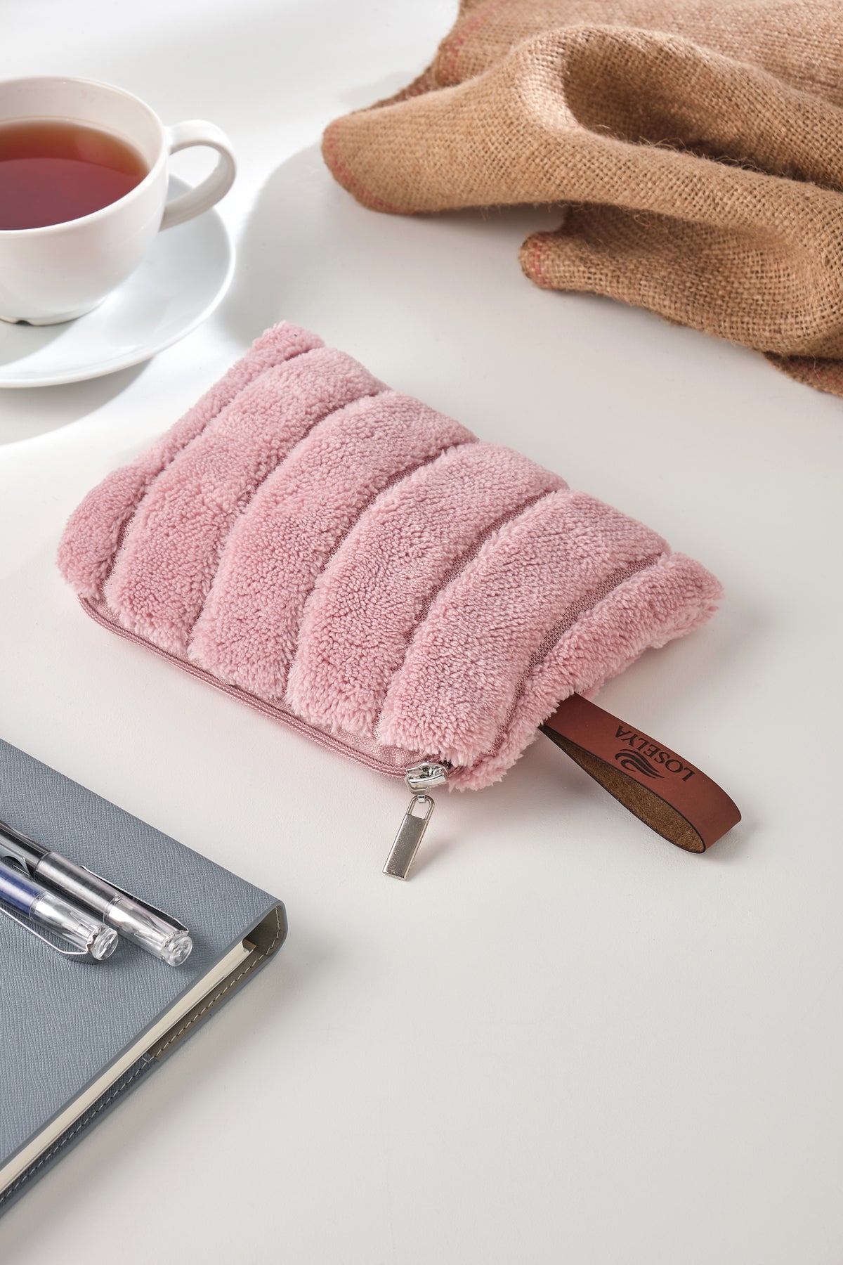 Pembe Soft Kumaş Deri Etiketli Lüks Cüzdan Telefon Kredi Kartı Anahtarlık Bozuk Paralık