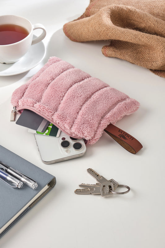 Pembe Soft Kumaş Deri Etiketli Lüks Cüzdan Telefon Kredi Kartı Anahtarlık Bozuk Paralık