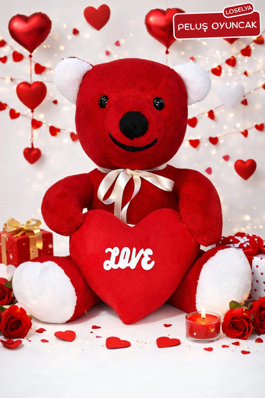 Sevgililer Günü Peluş Oyuncak Hediyelik Kırmızı Love Kalpli Peluş Ayıcık 50 cm