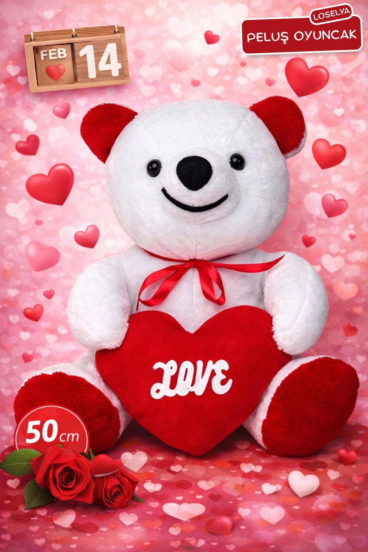 Sevgililer Günü Peluş Oyuncak Hediyelik Kırmızı Love Kalpli Peluş Ayıcık 50 cm