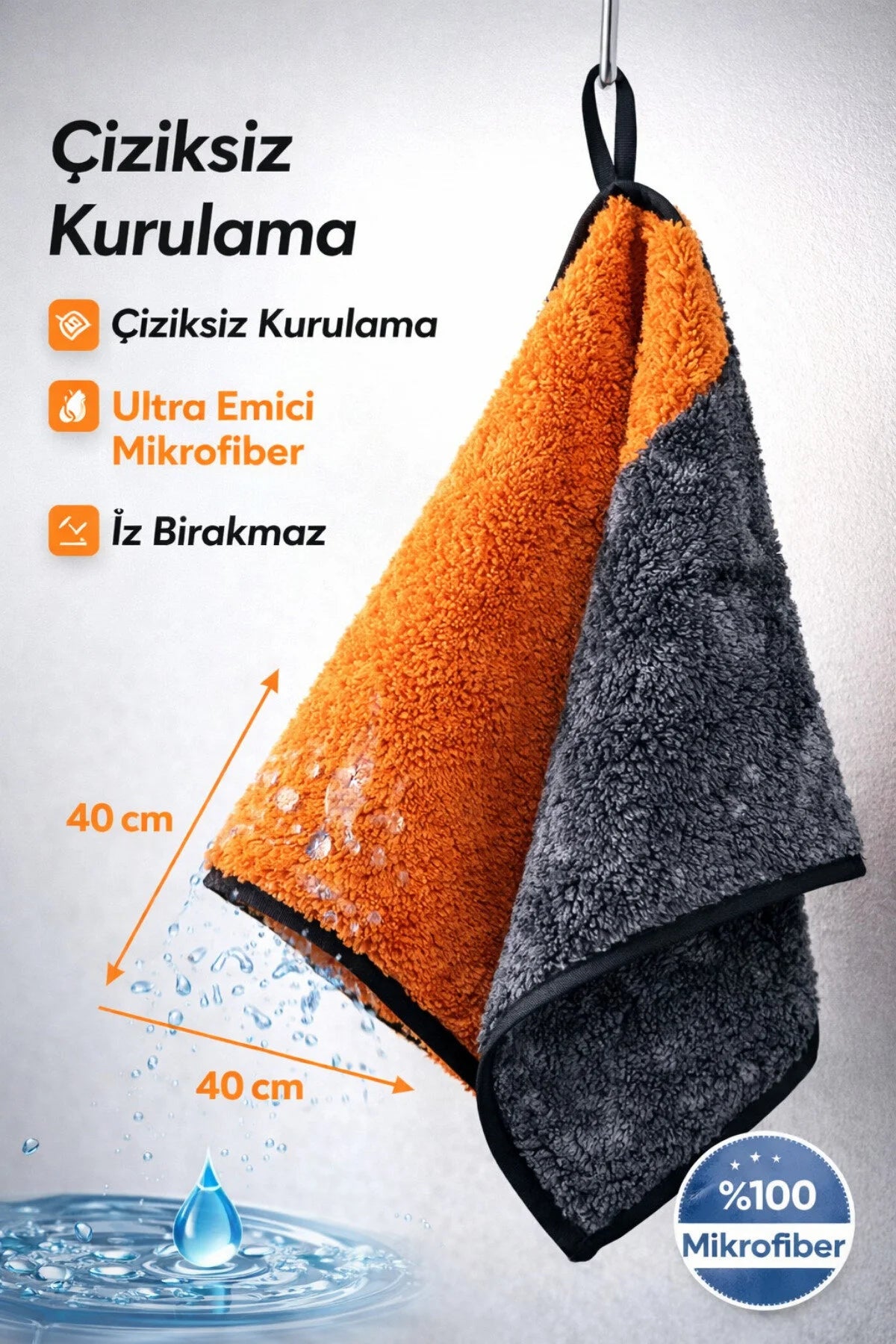 Çok Amaçlı Araba Yıkama Havlusu, Çiziksiz Ultra Emici, Yoğun Köpürtücü ve Kurulayıcı 40x40 cm 1 Adet