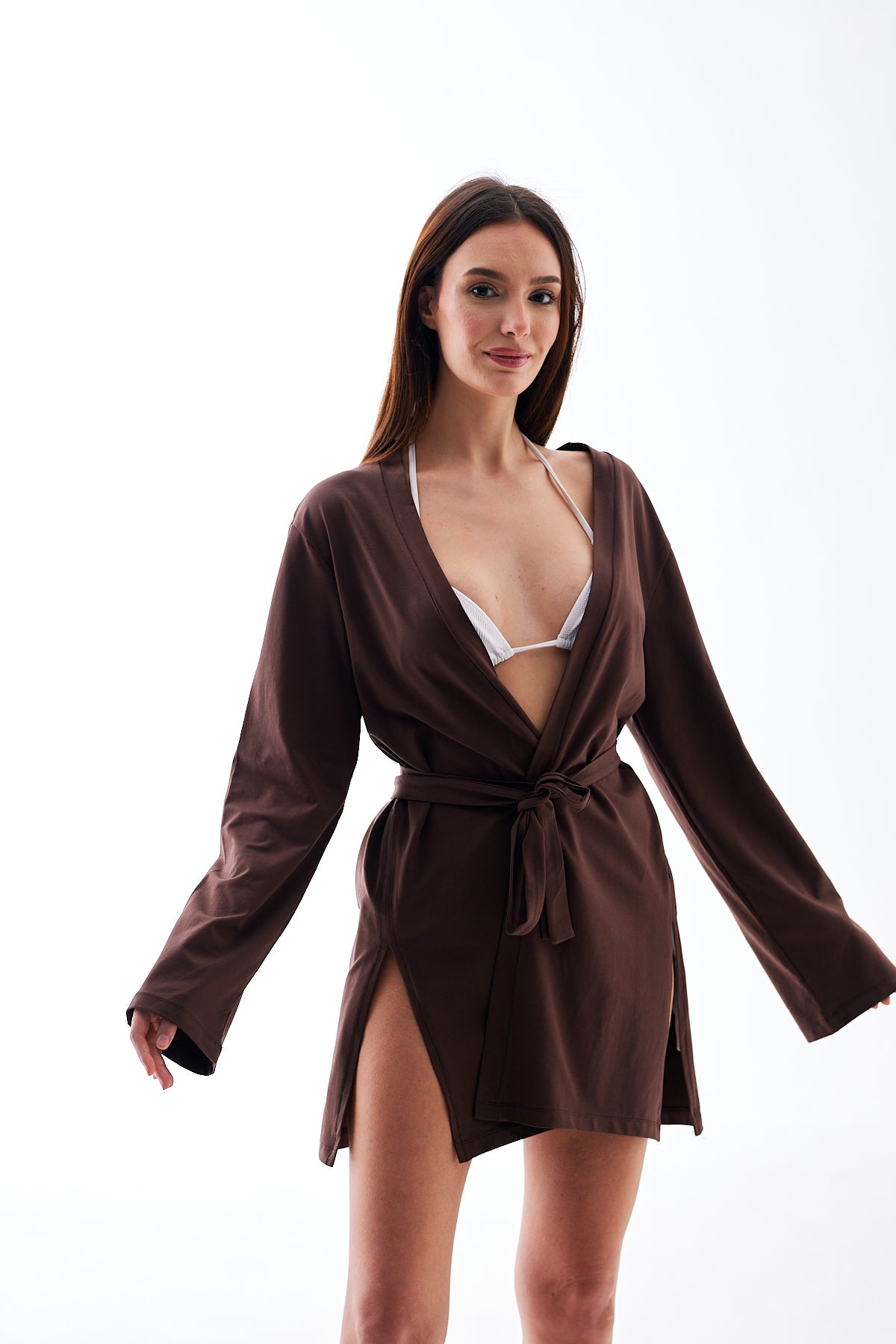 Kahverengi Yumuşak Pamuklu Kadın Plaj Elbisesi - Uzun Kollu Mini Kimono Pareo