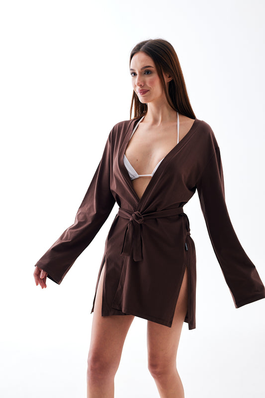 Kahverengi Yumuşak Pamuklu Kadın Plaj Elbisesi - Uzun Kollu Mini Kimono Pareo