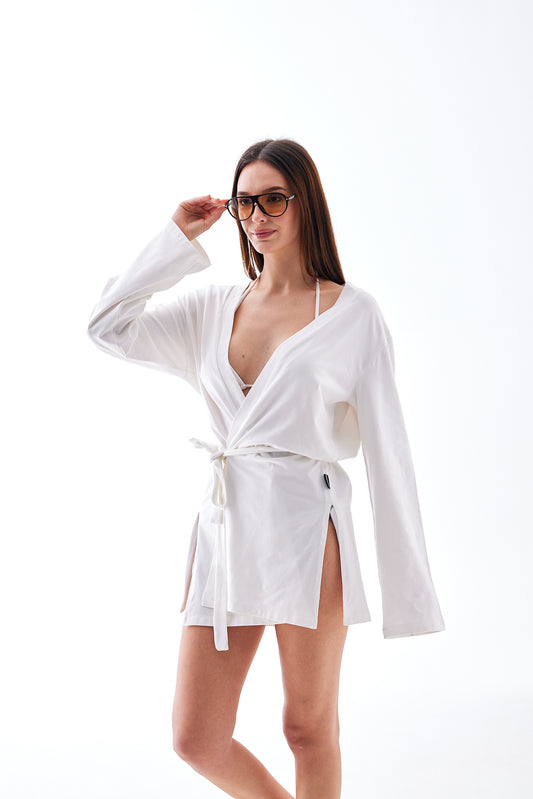 Ekru Yumuşak Pamuklu Kadın Plaj Elbisesi - Uzun Kollu Mini Kimono Pareo