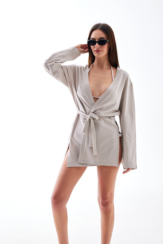Bej Yumuşak Pamuklu Kadın Plaj Elbisesi - Uzun Kollu Mini Kimono Pareo