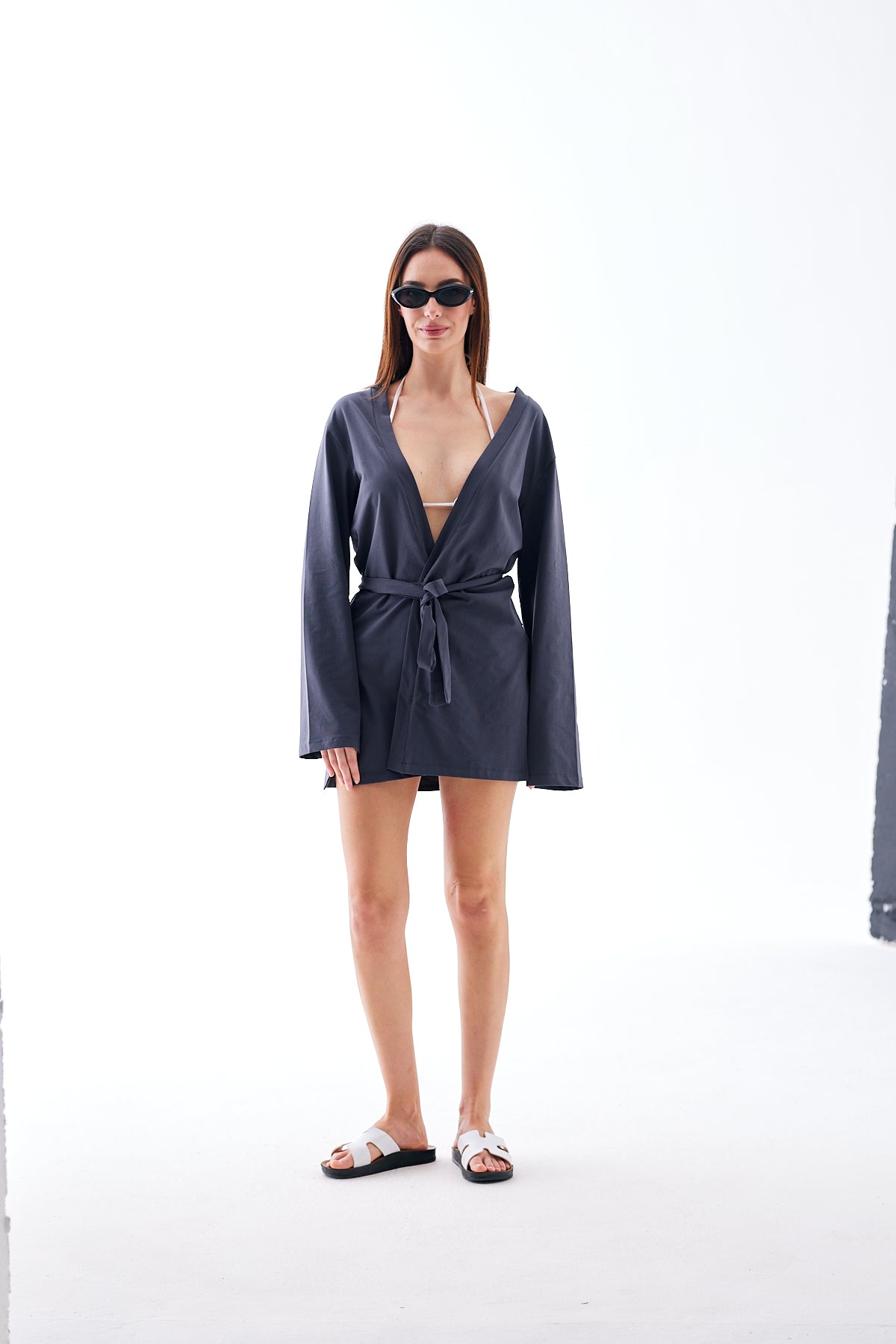 Füme Yumuşak Pamuklu Kadın Plaj Elbisesi - Uzun Kollu Mini Kimono Pareo