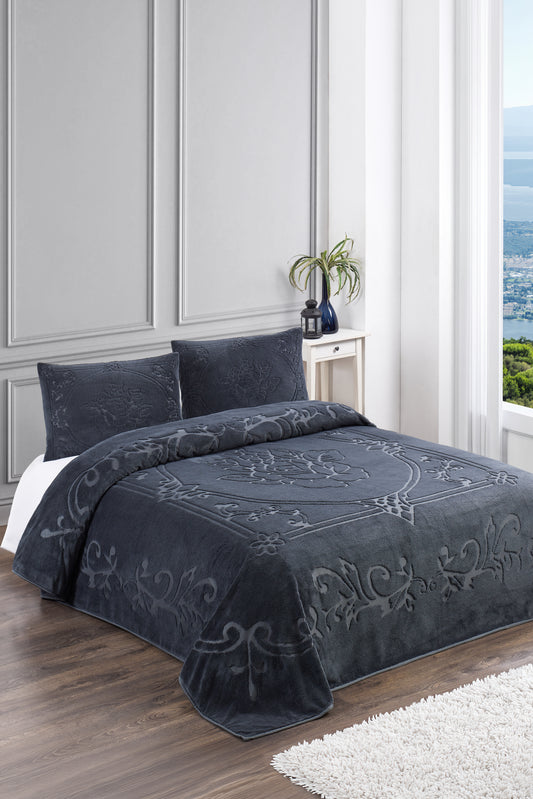 Antrasit Gül Bohem Yatak Örtüsü 220 X 230 Çift Kişilik Peluş Yumuşak Welsoft 2 Adet Yastık Kılıfı