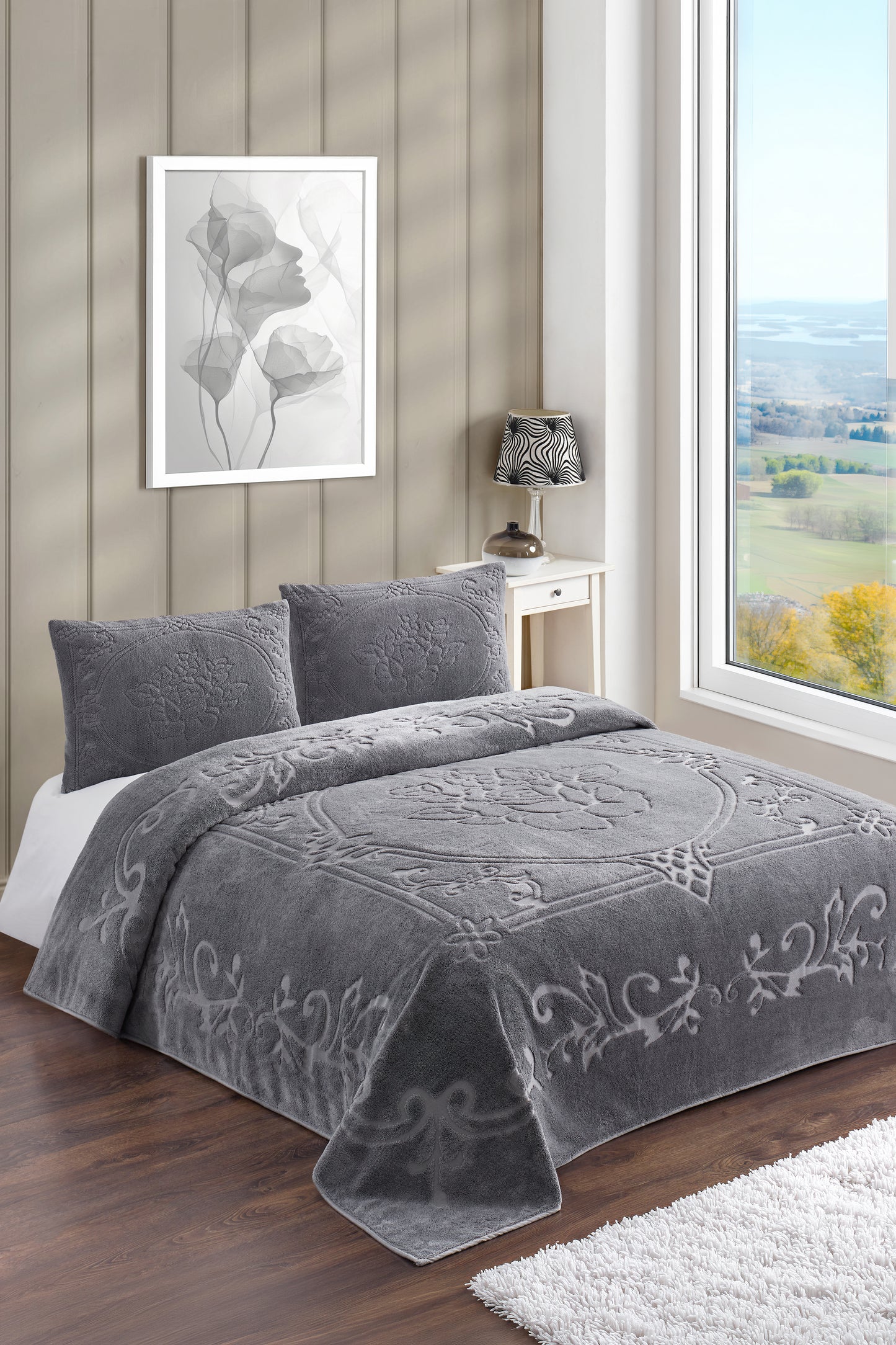 Gri Gül Bohem Yatak Örtüsü 220 X 230 Çift Kişilik Peluş Yumuşak Welsoft 2 Adet Yastık Kılıfı
