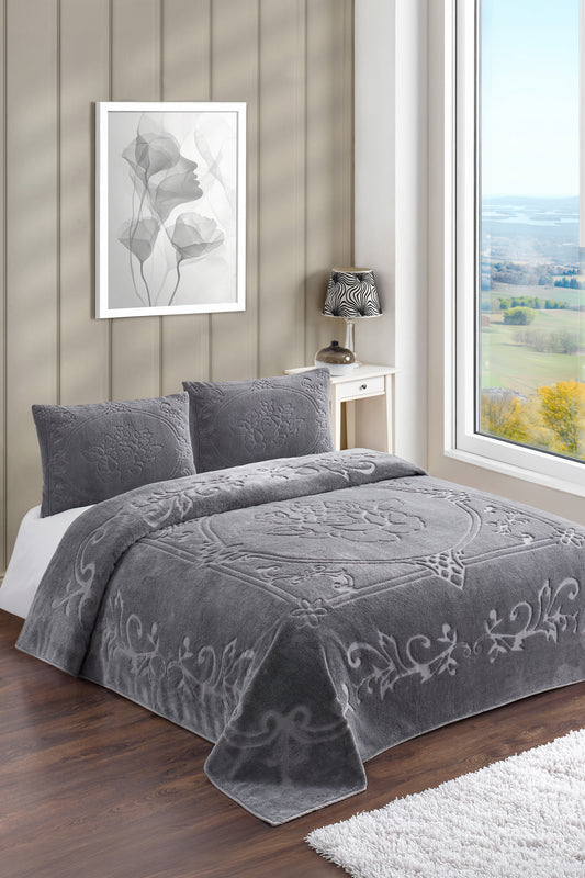 Gri Gül Bohem Yatak Örtüsü 220 X 230 Çift Kişilik Peluş Yumuşak Welsoft 2 Adet Yastık Kılıfı