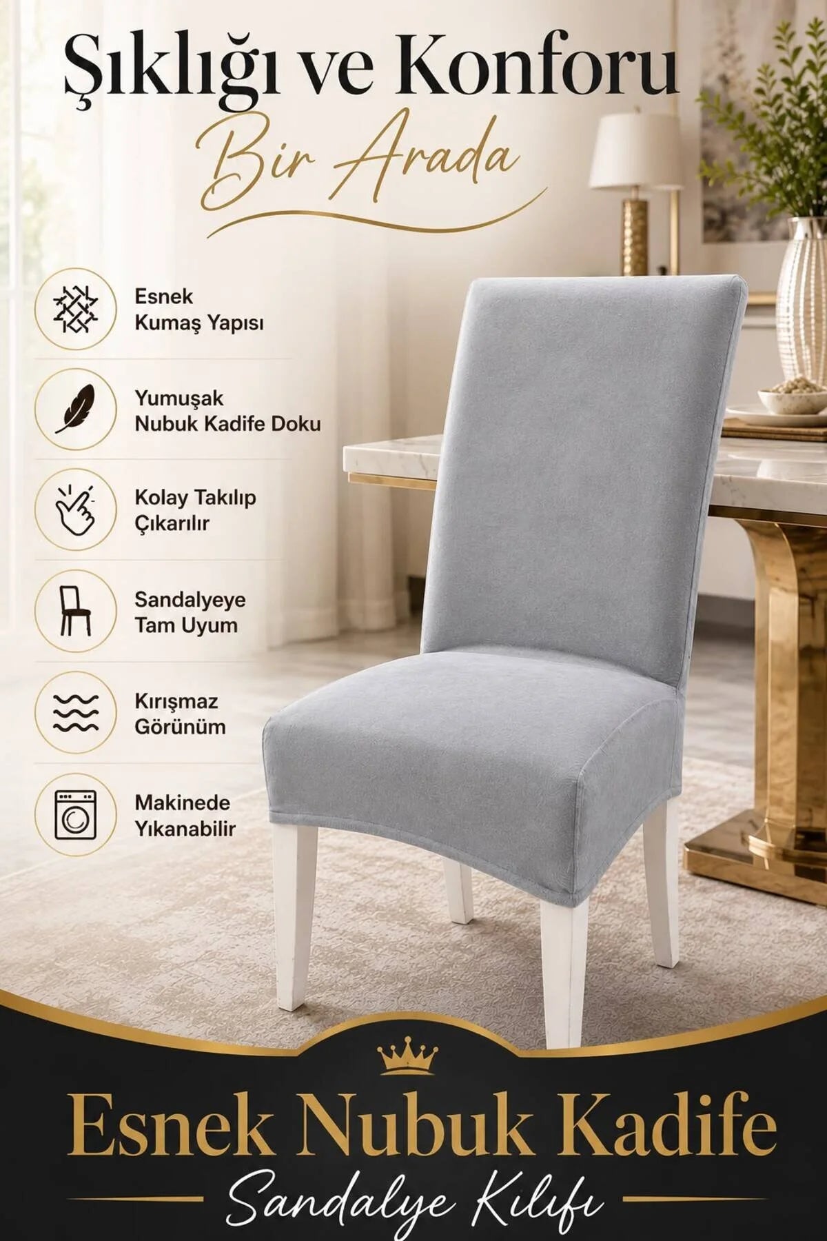Açık Gri Nubuk Kadife Ultra Soft Yumuşak Esnek Sandalye Kılıfı - Yüksek Sırtlı Sandalye Uyumlu - Tam Koruma
