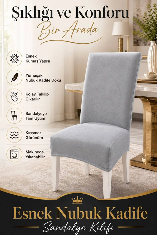 Açık Gri Nubuk Kadife Ultra Soft Yumuşak Esnek Sandalye Kılıfı - Yüksek Sırtlı Sandalye Uyumlu - Tam Koruma
