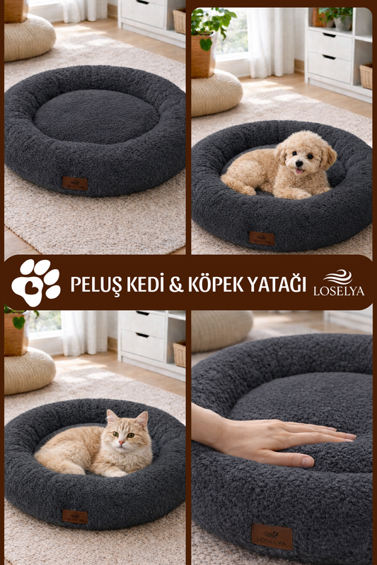 Antrasit Peluş Kedi ve Köpek Yatağı 52 cm Yıkanabilir Pofuduk Yumuşak Doku Simit Kedi Köpek Yatağı 1 Adet
