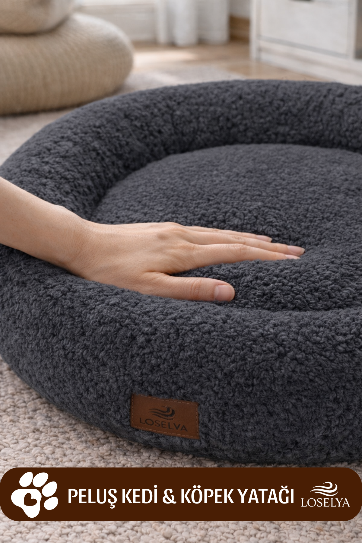 Antrasit Peluş Kedi ve Köpek Yatağı 52 cm Yıkanabilir Pofuduk Yumuşak Doku Simit Kedi Köpek Yatağı 1 Adet