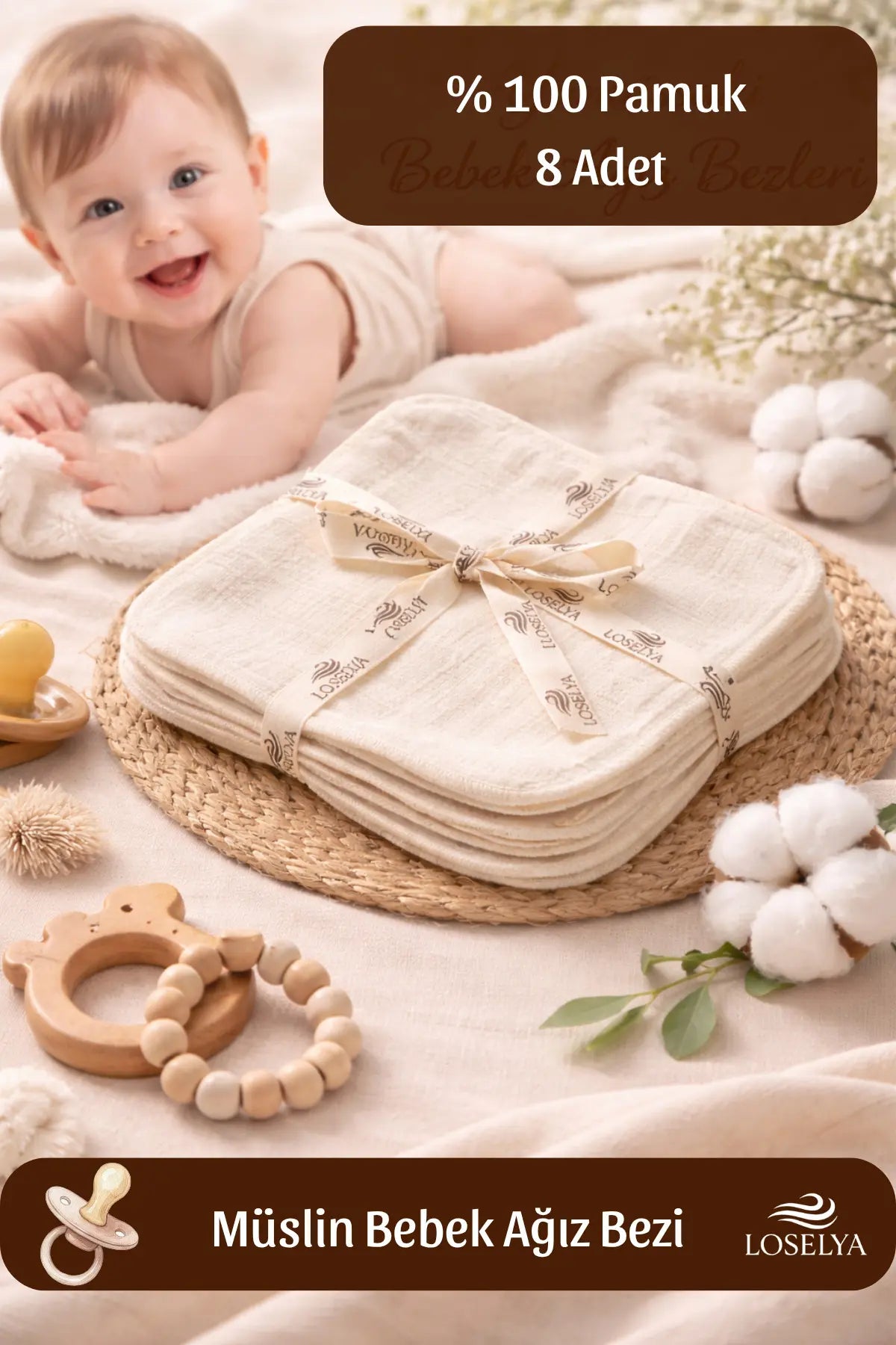 %100 Pamuk Yumuşacık Müslin Bebek Ağız Mendili Yüz Sırt Silme Bezi 8 Adet Ekru 24x24 cm