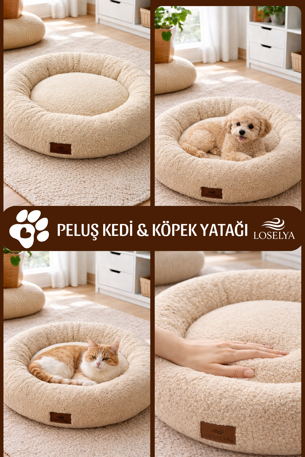 Bej Peluş Kedi ve Köpek Yatağı 52 cm Yıkanabilir Pofuduk Yumuşak Doku Simit Kedi Köpek Yatağı 1 Adet