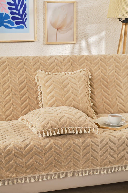 Üçlü Püsküllü Bohem Koltuk Örtüsü - Şönil Dokulu Kaymaz Koltuk Şalı - Modern Chevron Desenli Örtü