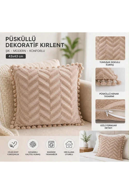 Bej Modern Püsküllü Dekoratif Kırlent Kılıfı - Yumuşak Dokulu, Gizli Fermuarlı, Makinede Yıkanabilir