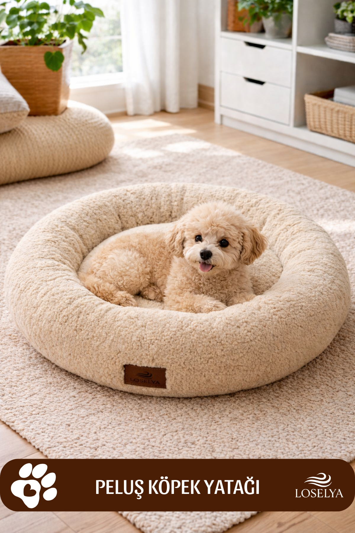Bej Peluş Kedi ve Köpek Yatağı 52 cm Yıkanabilir Pofuduk Yumuşak Doku Simit Kedi Köpek Yatağı 1 Adet