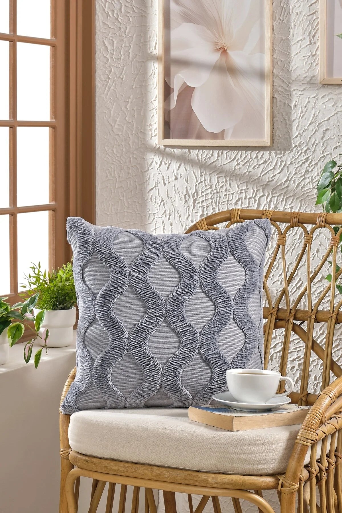 Gri Su Yolu Bohem Özel Tasarım Punch Panç Desen Dekoratif Kırlent Kılıfı