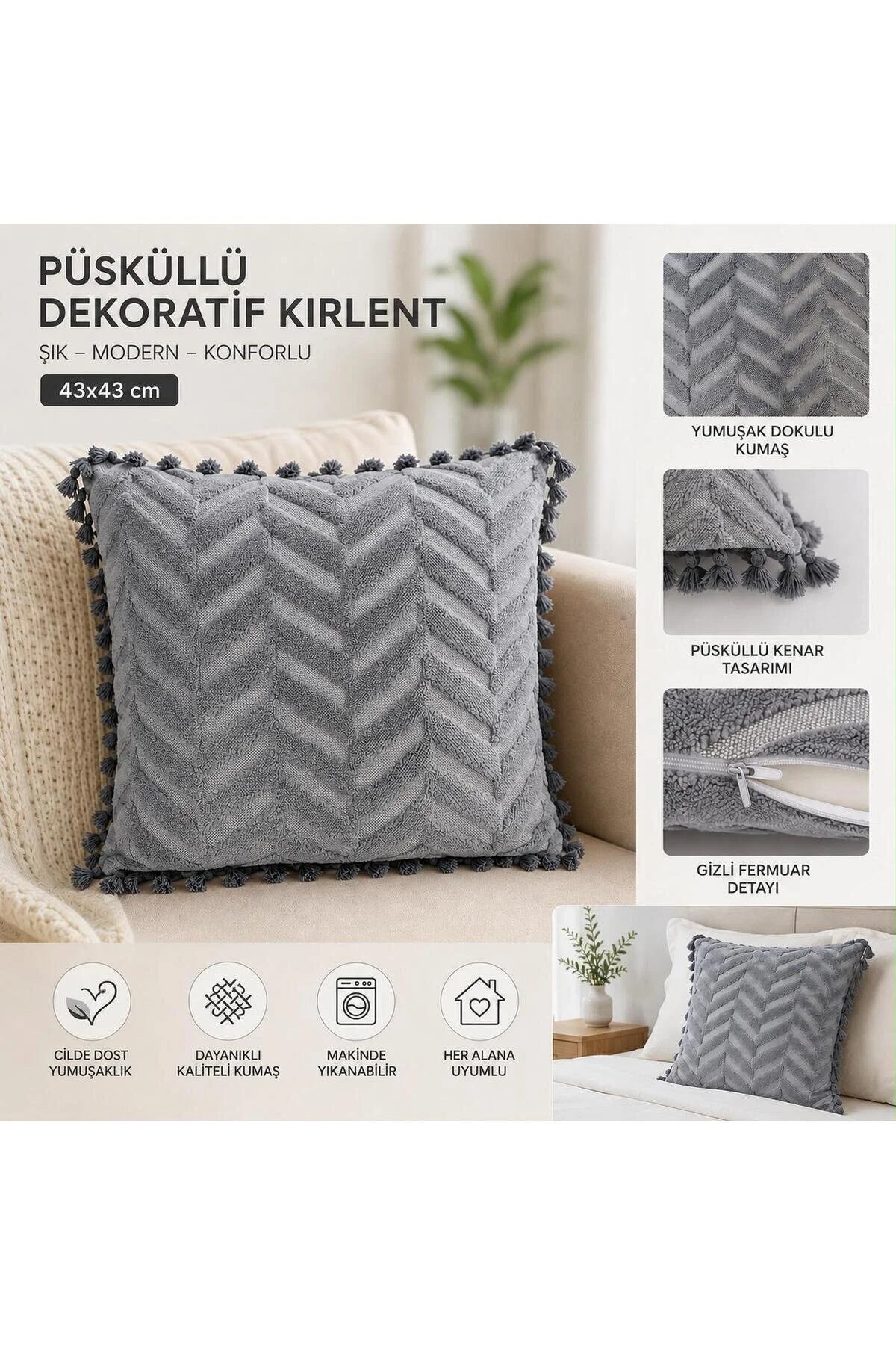 Modern Püsküllü Dekoratif Kırlent Kılıfı - Yumuşak Dokulu, Gizli Fermuarlı, Makinede YıkanabilirModern Püsküllü Dekoratif Kırlent Kılıfı - Yumuşak Dokulu, Gizli Fermuarlı, Makinede Yıkanabilir