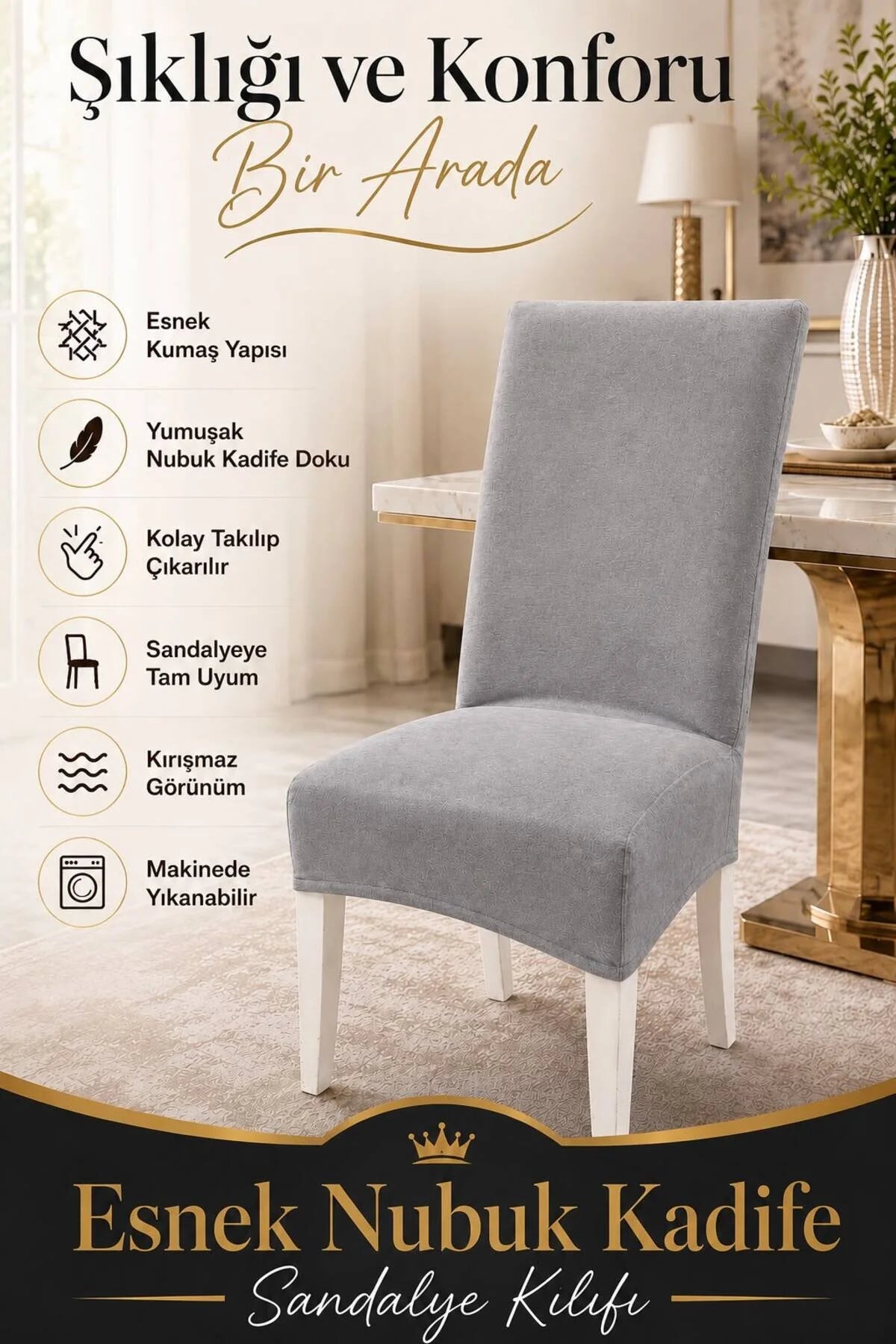 Koyu Gri Nubuk Kadife Ultra Soft Yumuşak Esnek Sandalye Kılıfı - Yüksek Sırtlı Sandalye Uyumlu - Tam Koruma