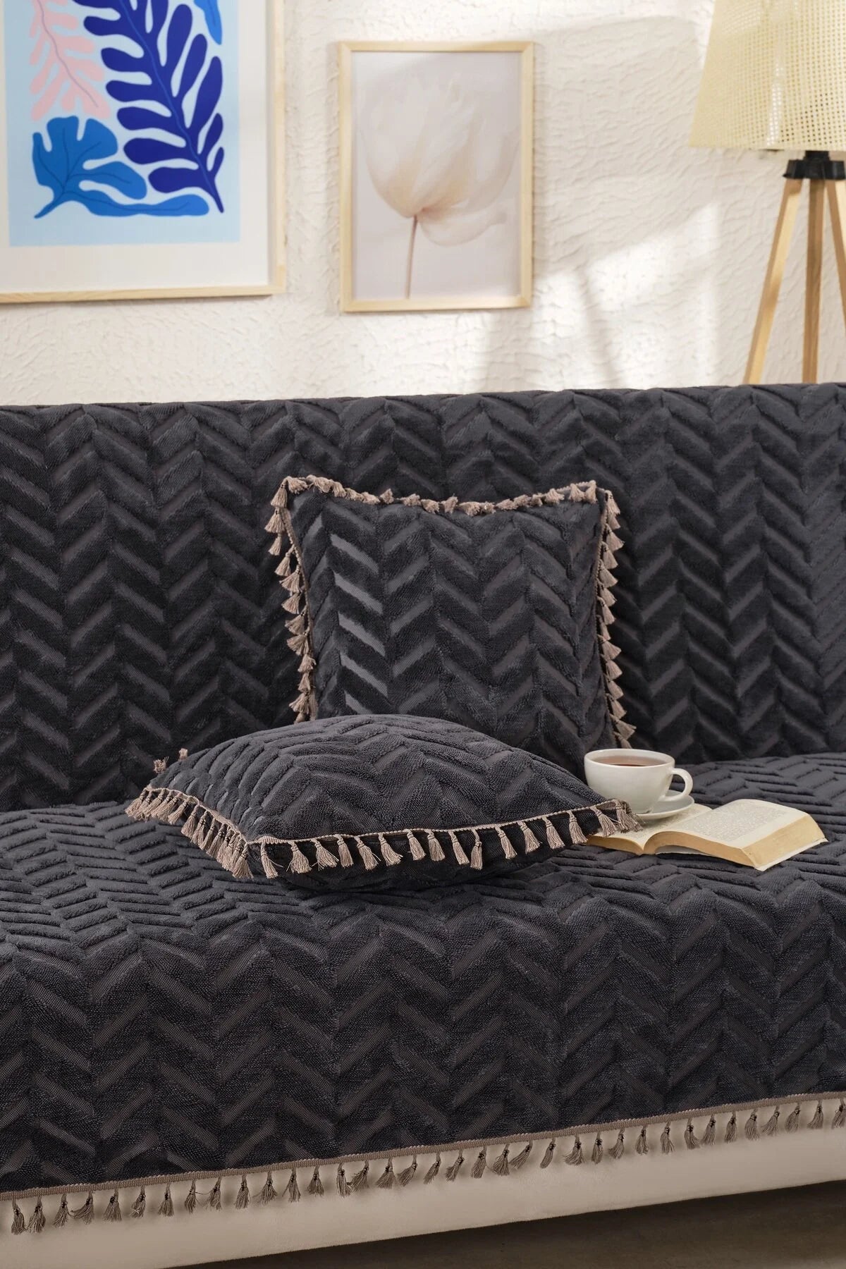 Antrasit Üçlü Püsküllü Bohem Koltuk Örtüsü - Şönil Dokulu Kaymaz Koltuk Şalı - Modern Chevron Desenli Örtü (Kopya)