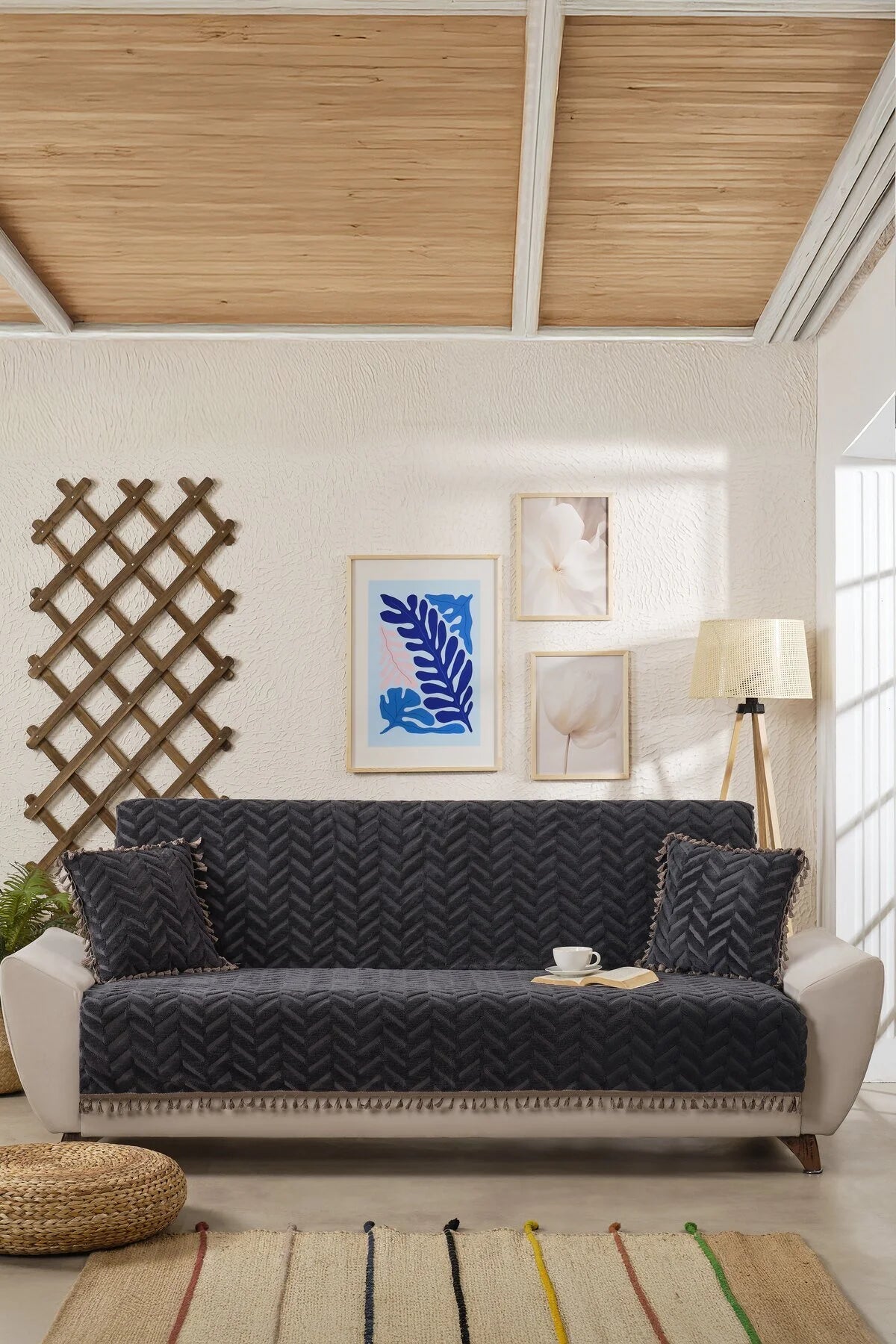 Antrasit Üçlü Püsküllü Bohem Koltuk Örtüsü - Şönil Dokulu Kaymaz Koltuk Şalı - Modern Chevron Desenli Örtü (Kopya)