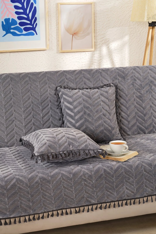 Gri Üçlü Püsküllü Bohem Koltuk Örtüsü - Şönil Dokulu Kaymaz Koltuk Şalı - Modern Chevron Desenli Örtü