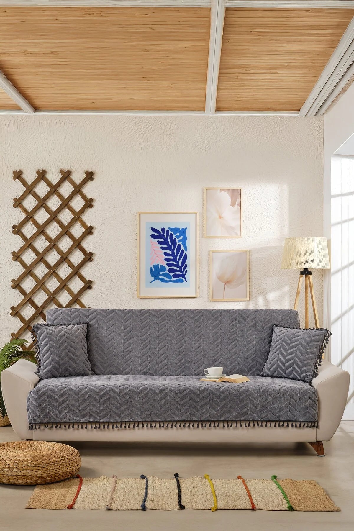 Gri Üçlü Püsküllü Bohem Koltuk Örtüsü - Şönil Dokulu Kaymaz Koltuk Şalı - Modern Chevron Desenli Örtü