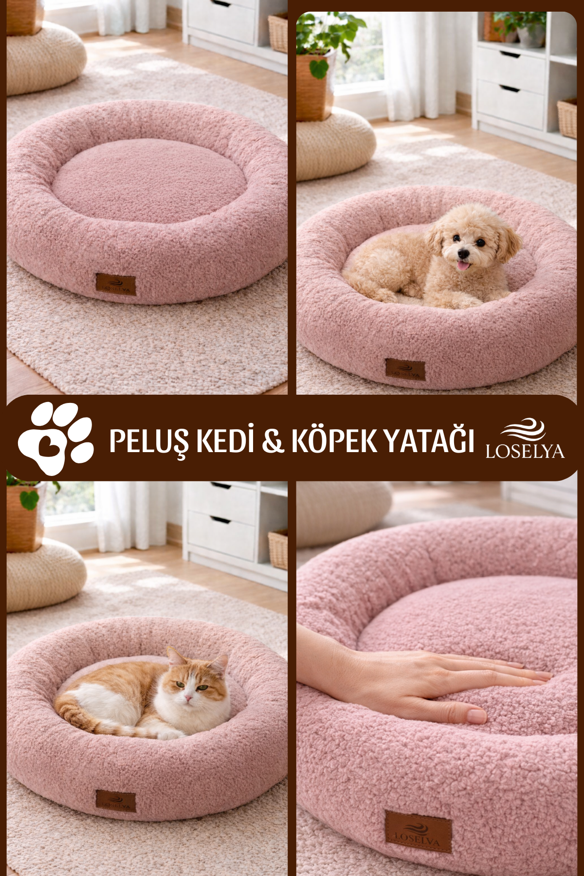 Pembe Peluş Kedi ve Köpek Yatağı 52 cm Yıkanabilir Pofuduk Yumuşak Doku Simit Kedi Köpek Yatağı 1 Adet
