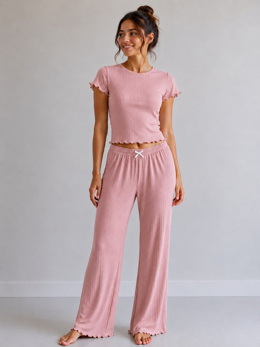 Pudra Kadın %60 Bambu %40 Cotton Likralı Fırfır Detaylı Pijama Takımı İspanyol Paça Rahat Kalıp Şort + Toka 4'Lü Set